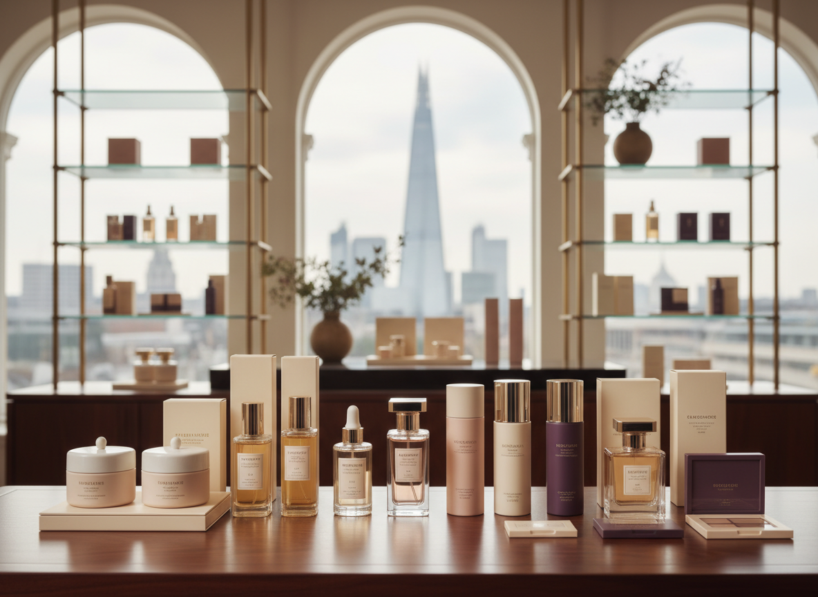 A UK beauty business workspace with fragrance and skincare products