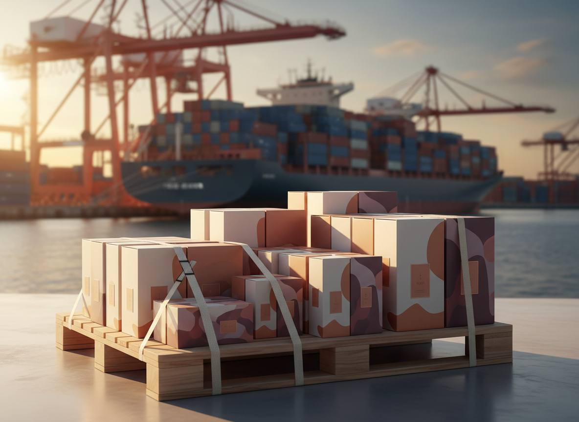 Beauty products prepared for shipping in front of a container port