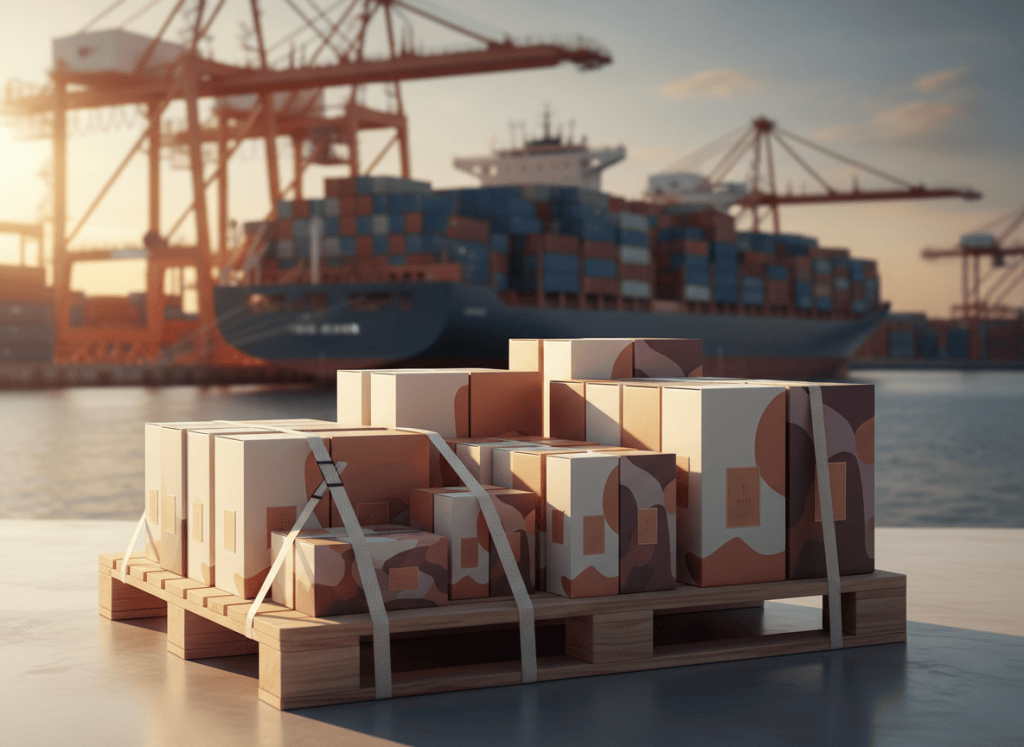 Beauty products prepared for shipping in front of a container port