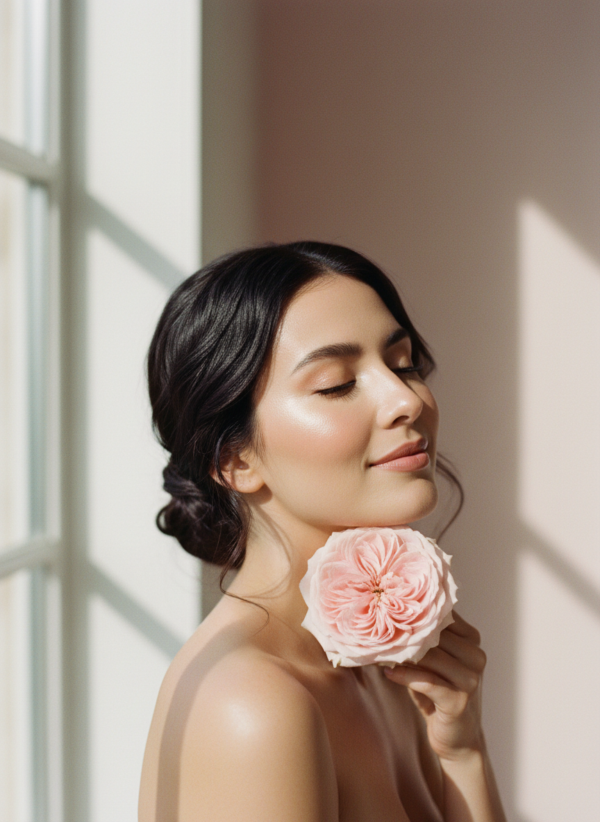 Woman with eyes closed holding a blush rose in warm light