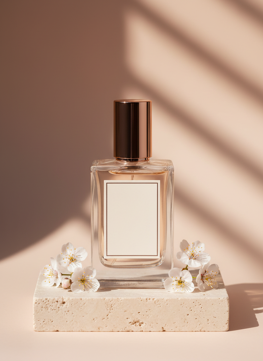 INOVÉRA eau de parfum bottle on a travertine plinth with blossom