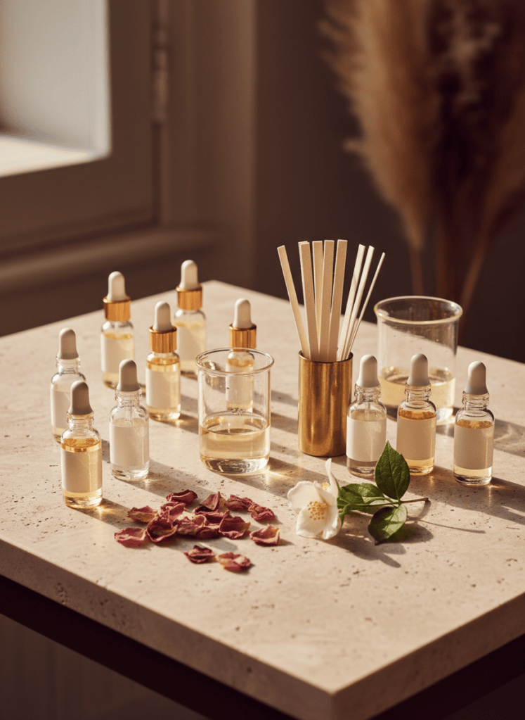 Glass vials of fragrance oils and scent strips on a perfumer's workbench